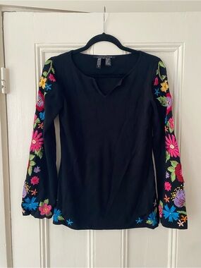 Michelle Nicole Black Tunic with Multicolor Floral Embroidery